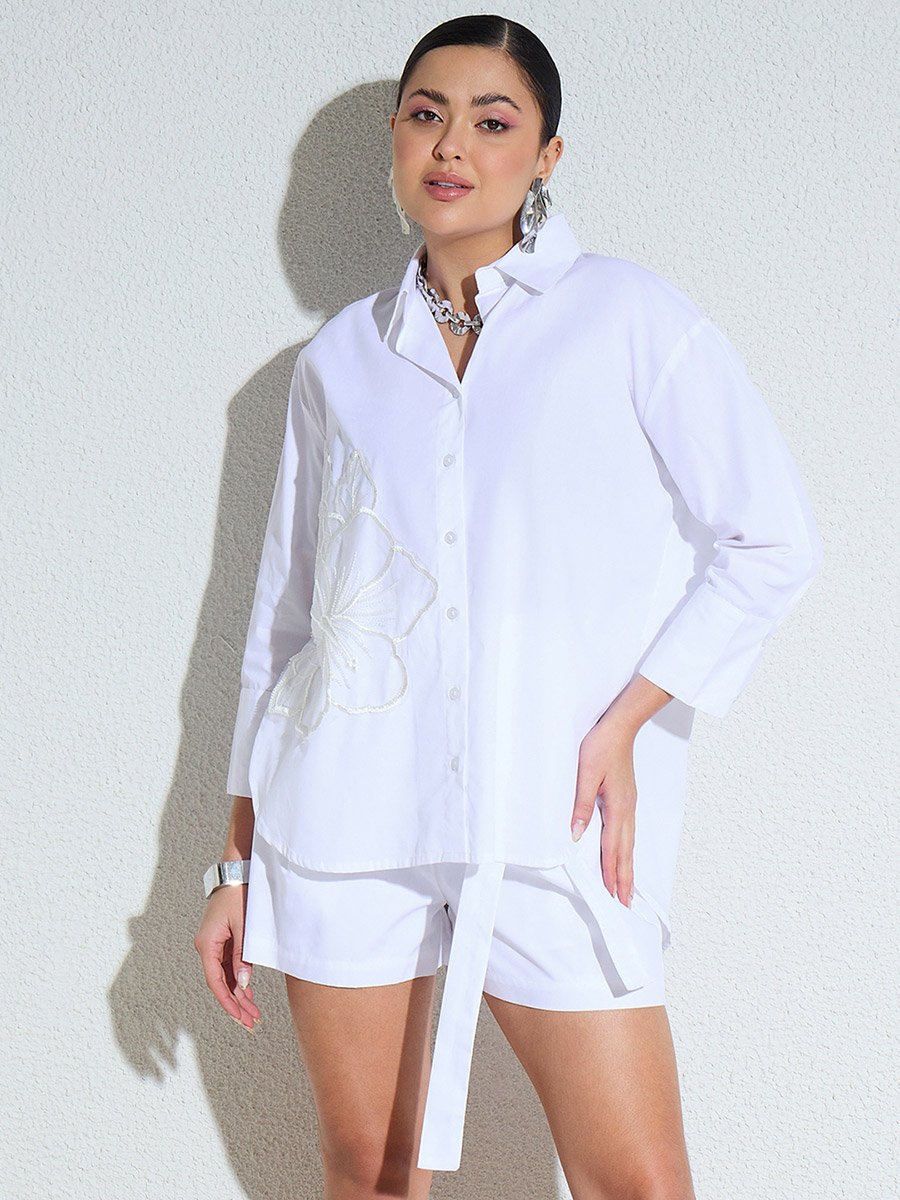 White Poplin Embellished Shirt and Paperbag Waist Shorts Co-ord Set