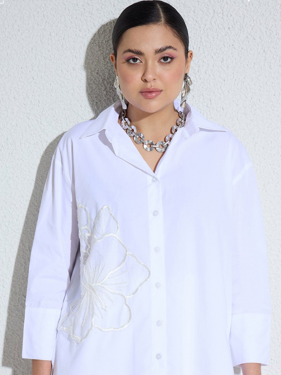 White Poplin Embellished Shirt and Paperbag Waist Shorts Co-ord Set