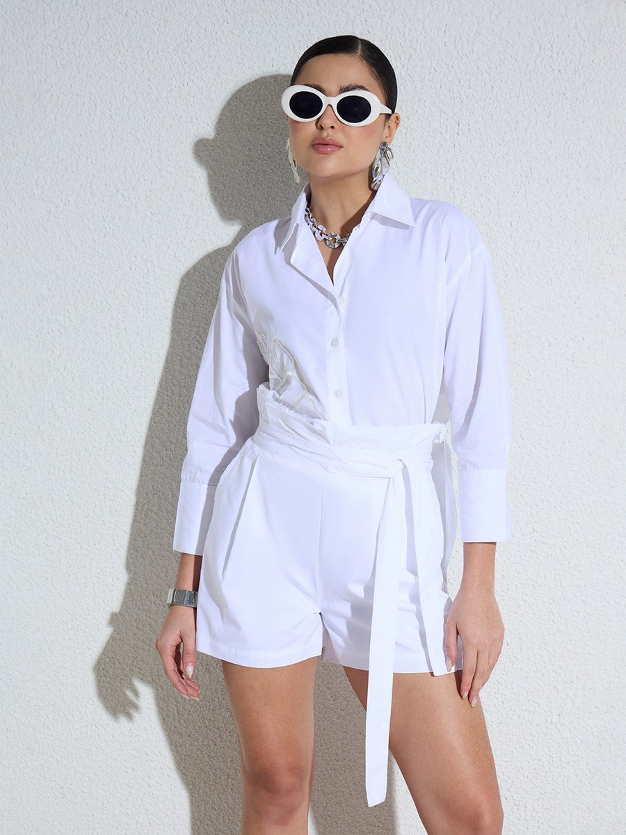 White Poplin Embellished Shirt and Paperbag Waist Shorts Co-ord Set