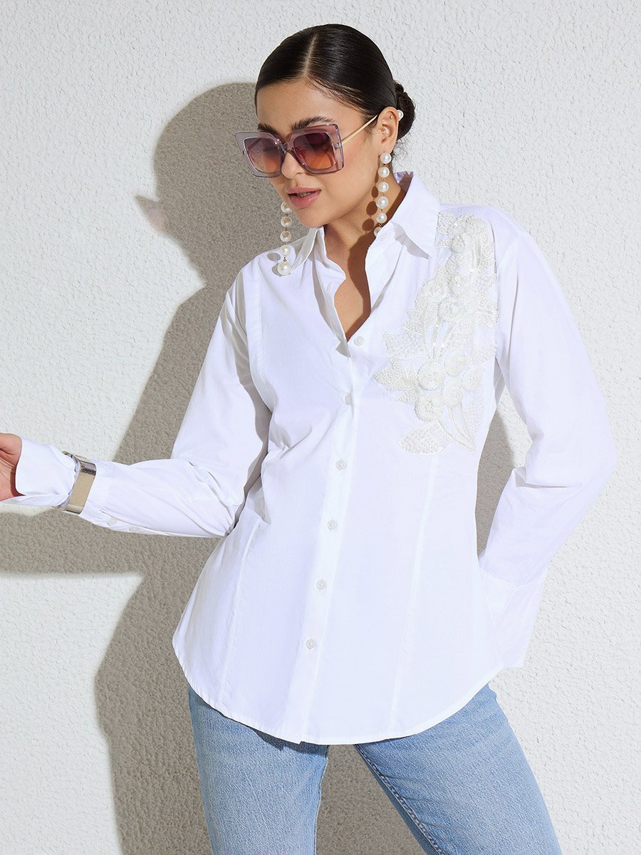 White Embellished Lace Patch Slim Fit Shirt