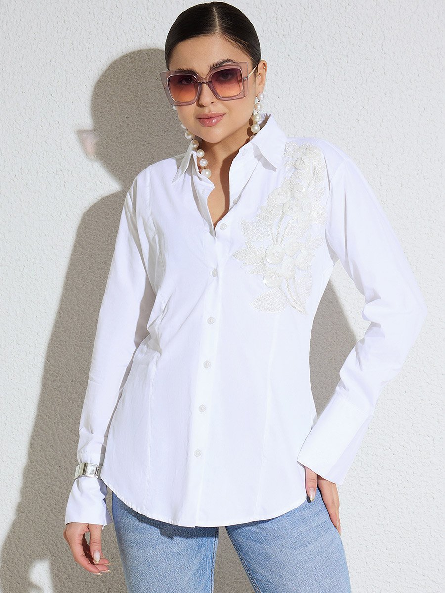 White Embellished Lace Patch Slim Fit Shirt