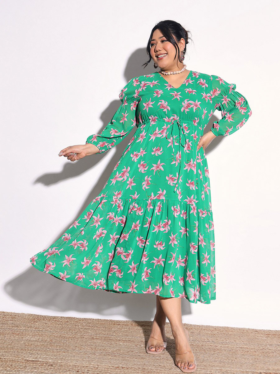Plus Size Green Floral Tiered Drawstring Midi Dress For Women at Kuwait |  Styli