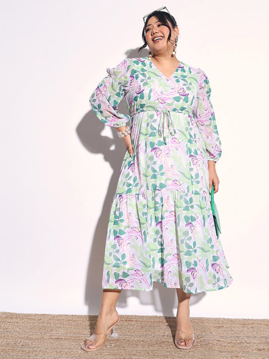 Plus Size Floral Print Tiered Drawstring Midi Dress