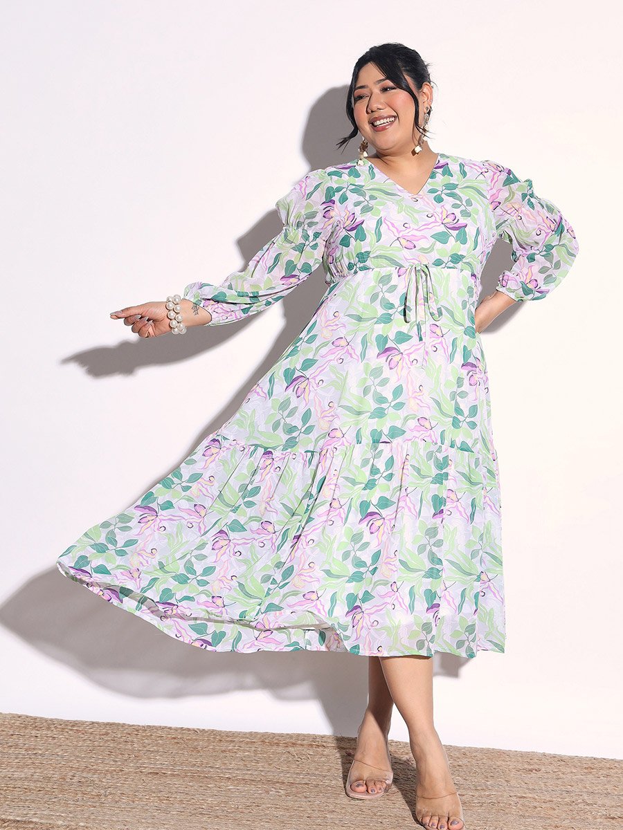 Plus Size Floral Print Tiered Drawstring Midi Dress