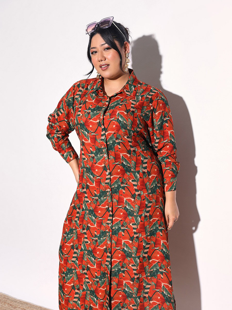 Plus Size Rust Tropical Print Maxi Shirt Dress For Women at Kuwait | Styli Plus Size Rust Tropical Print Maxi Shirt Dress For Women at Kuwait | Styli