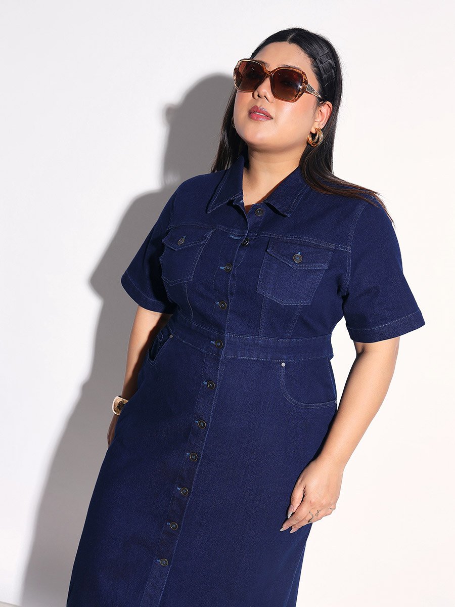 Plus Size Front Button Denim Shirt Midi Dress