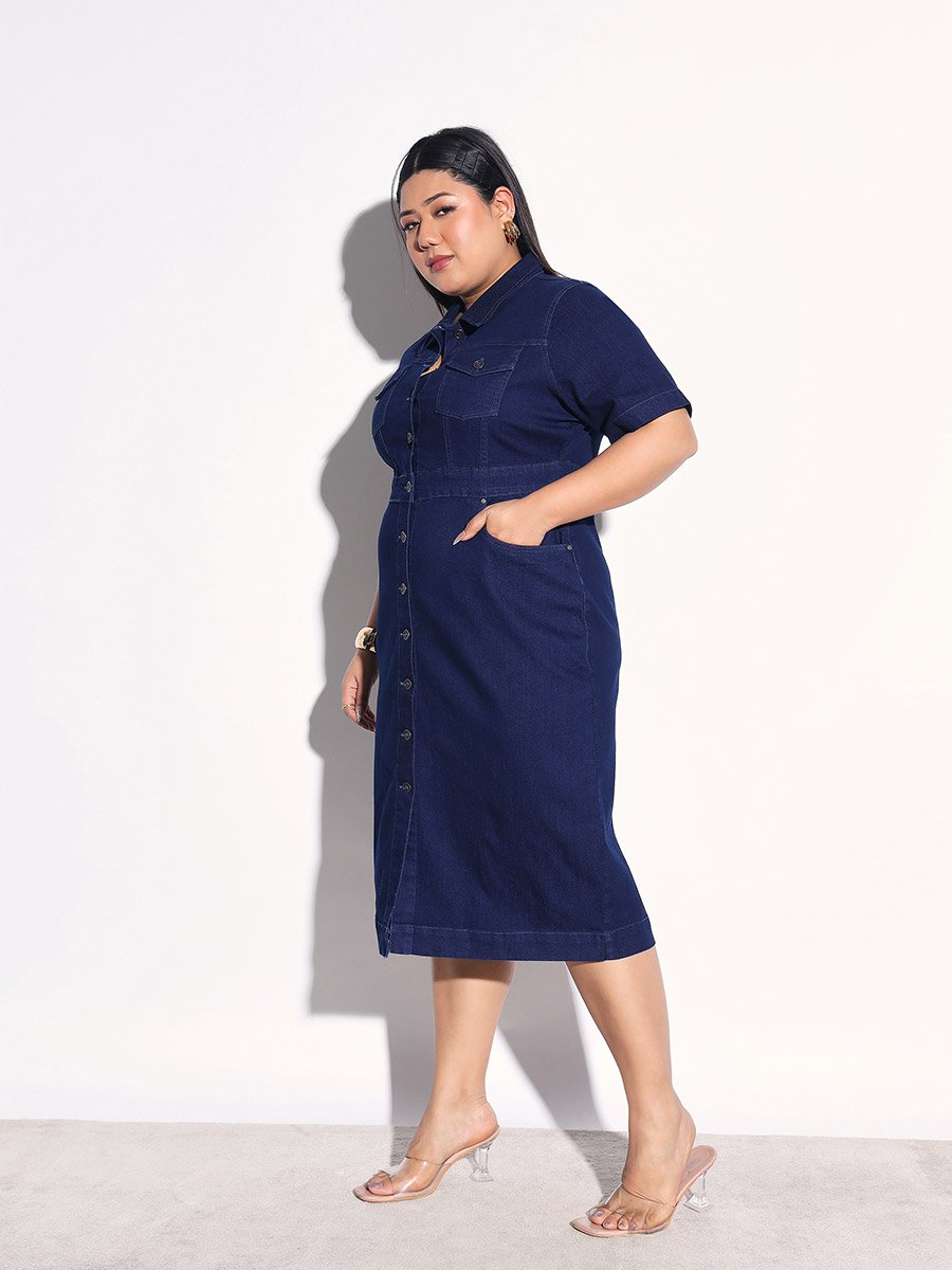Plus Size Front Button Denim Shirt Midi Dress