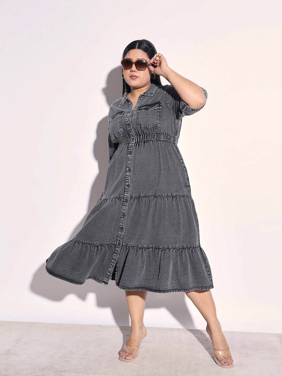 Plus Size Black Denim Tiered Midi Dress