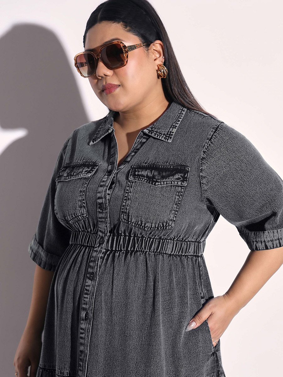 Plus Size Black Denim Tiered Midi Dress