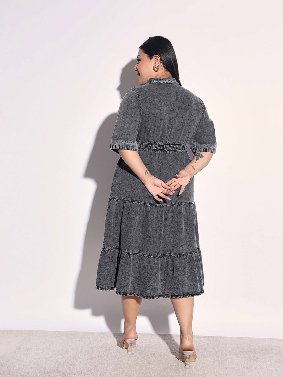 Plus Size Black Denim Tiered Midi Dress