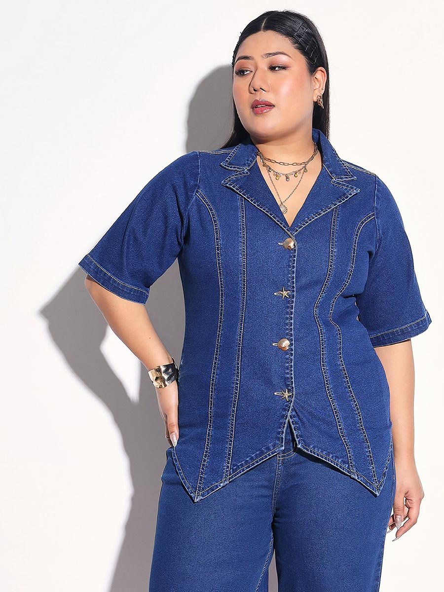 Plus Size Panelled Denim Shirt and Bottom Fold Jeans Co-Ords