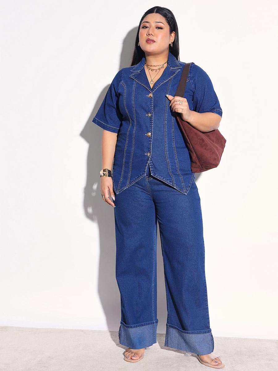 Plus Size Panelled Denim Shirt and Bottom Fold Jeans Co-Ords
