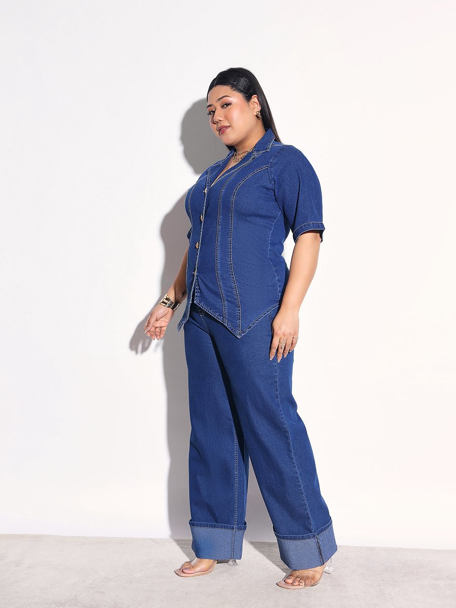 Plus Size Panelled Denim Shirt and Bottom Fold Jeans Co-Ords