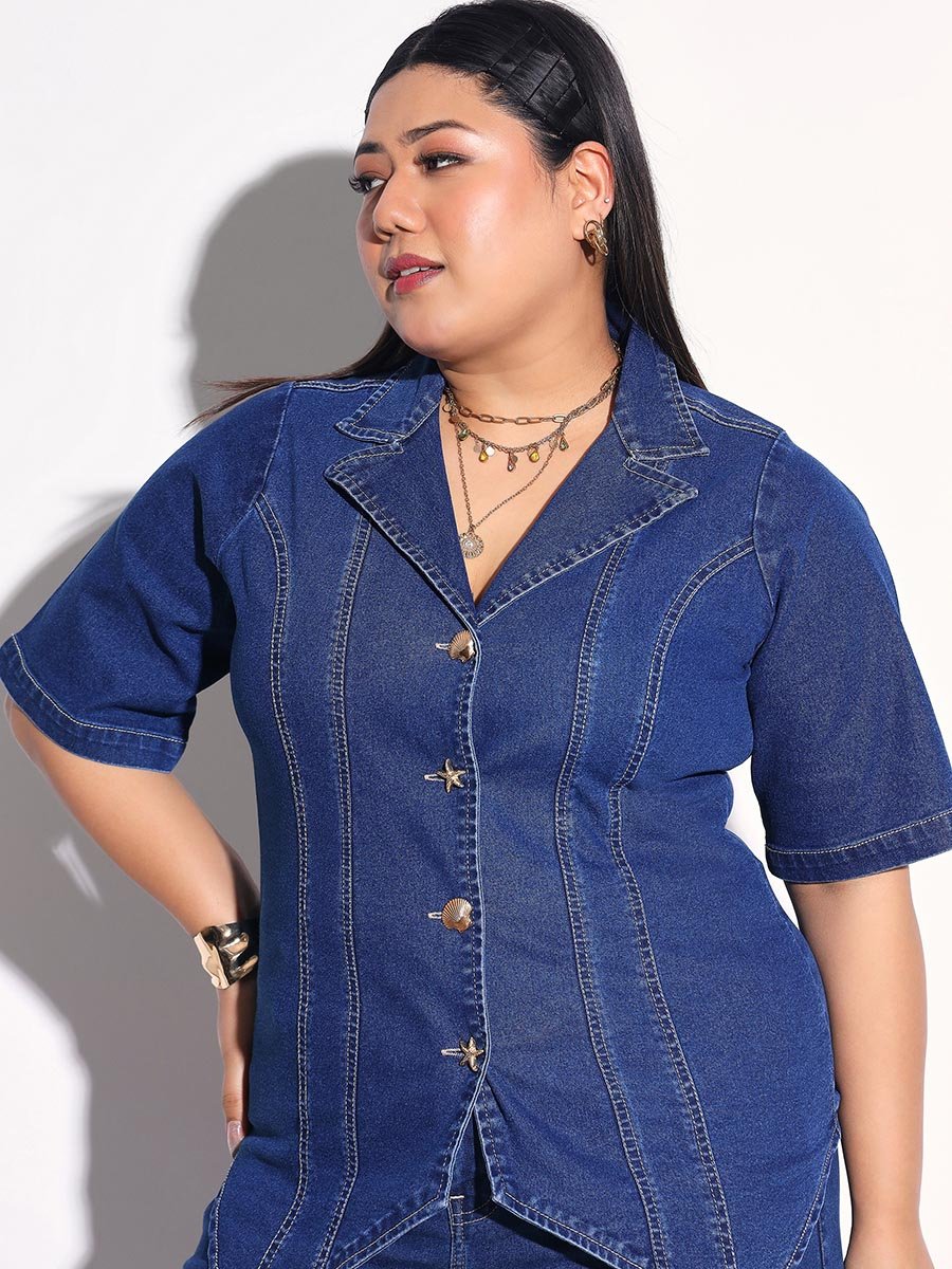 Plus Size Panelled Denim Shirt and Bottom Fold Jeans Co-Ords
