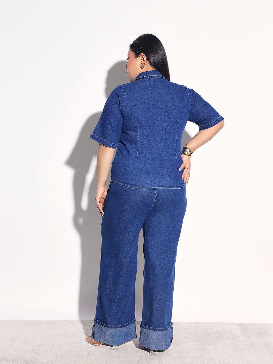 Plus Size Panelled Denim Shirt and Bottom Fold Jeans Co-Ords