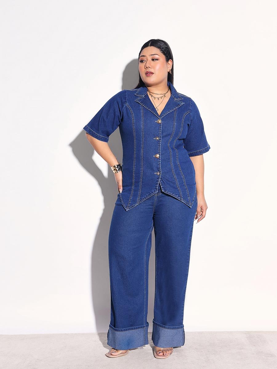 Plus Size Panelled Denim Shirt and Bottom Fold Jeans Co-Ords
