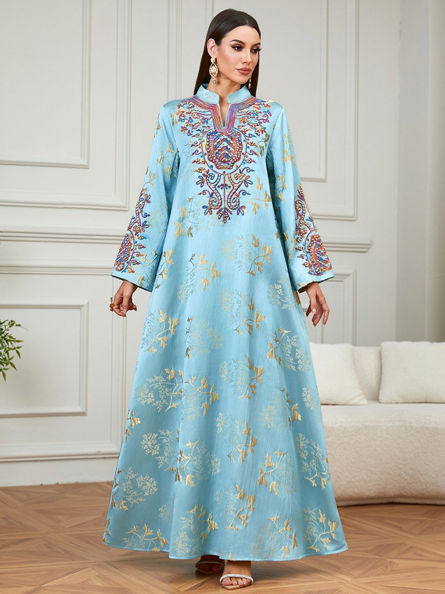 Light Blue Embroidered Beaded Jalabiya