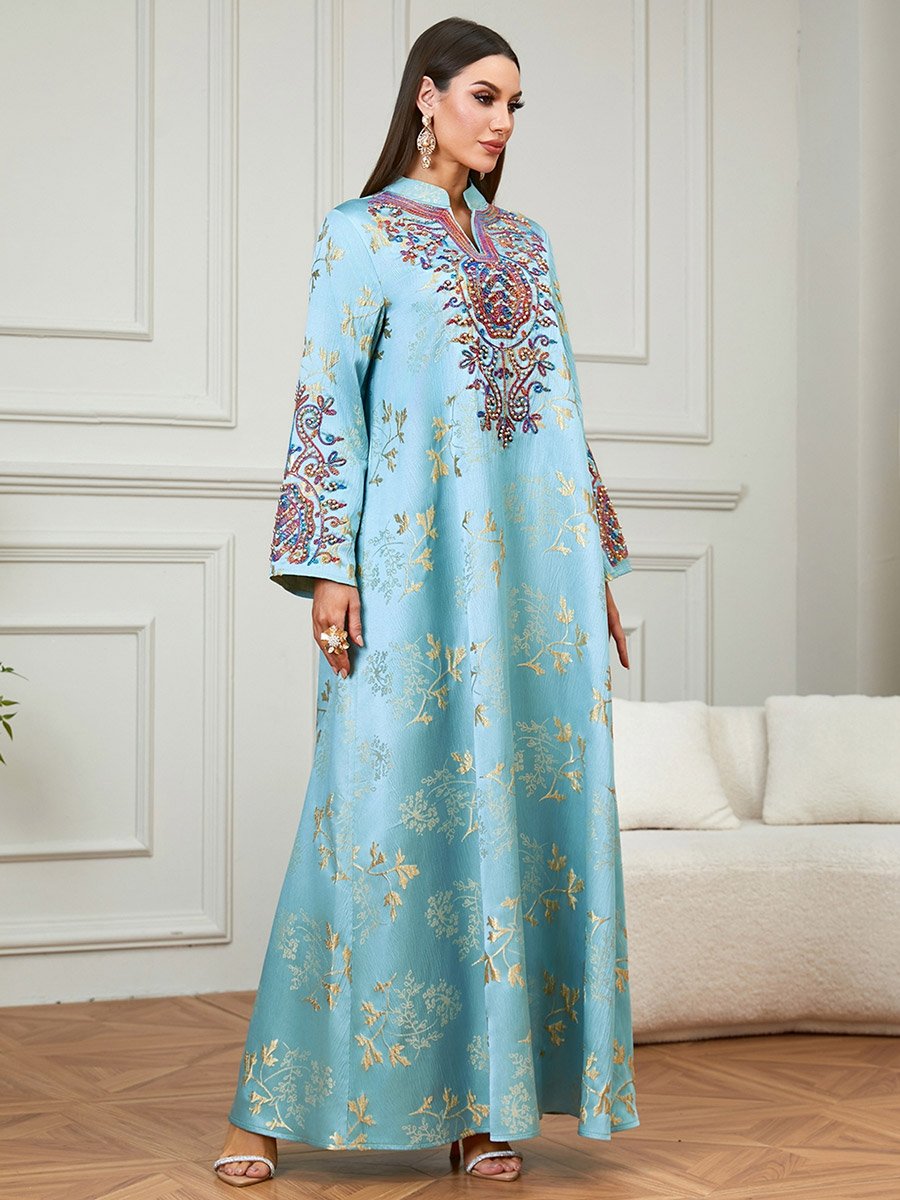 Light Blue Embroidered Beaded Jalabiya