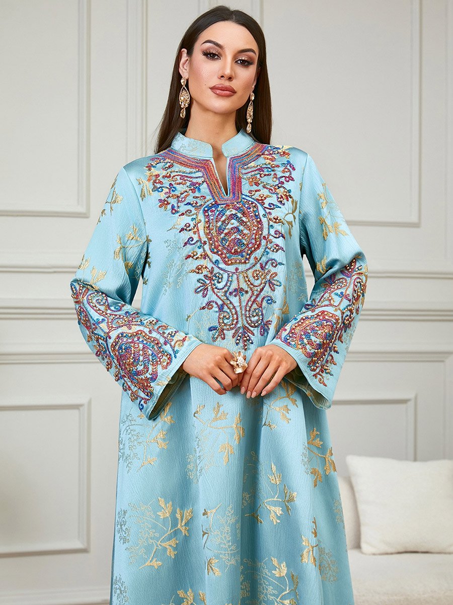 Light Blue Embroidered Beaded Jalabiya