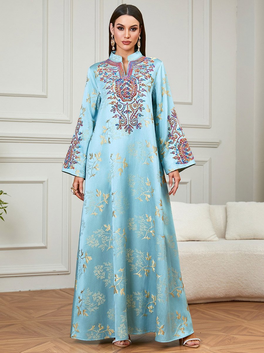 Light Blue Embroidered Beaded Jalabiya