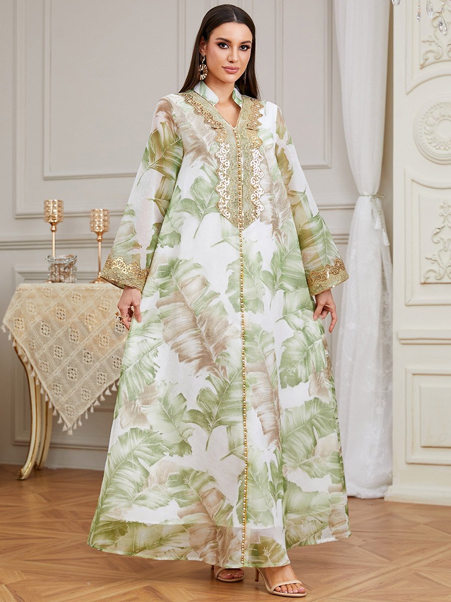 Green Leaf Print Jalabiya with Lace Patch