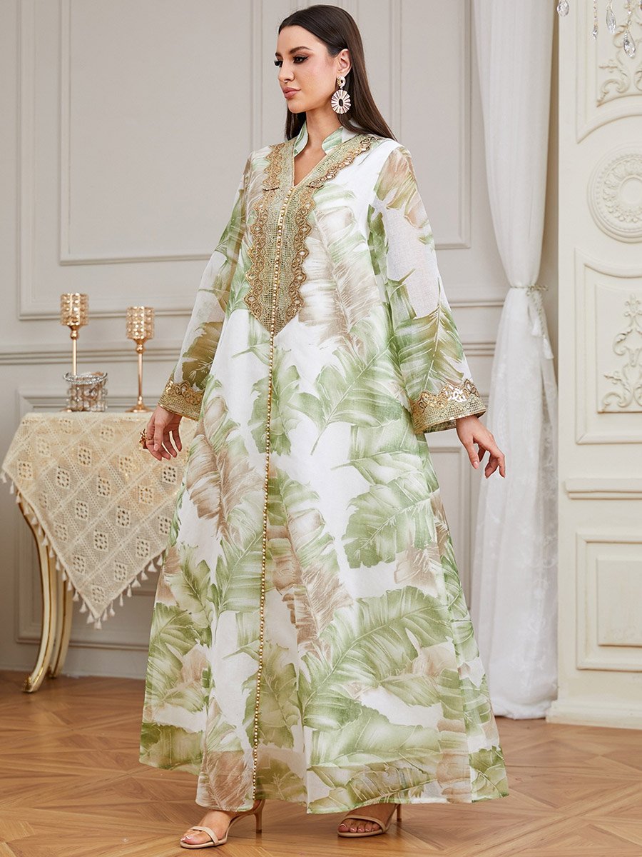 Green Leaf Print Jalabiya with Lace Patch