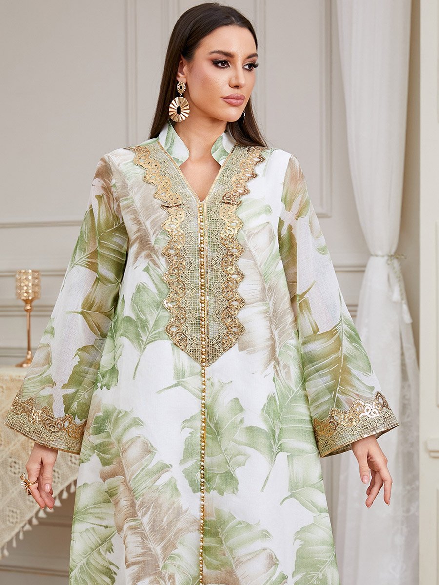 Green Leaf Print Jalabiya with Lace Patch