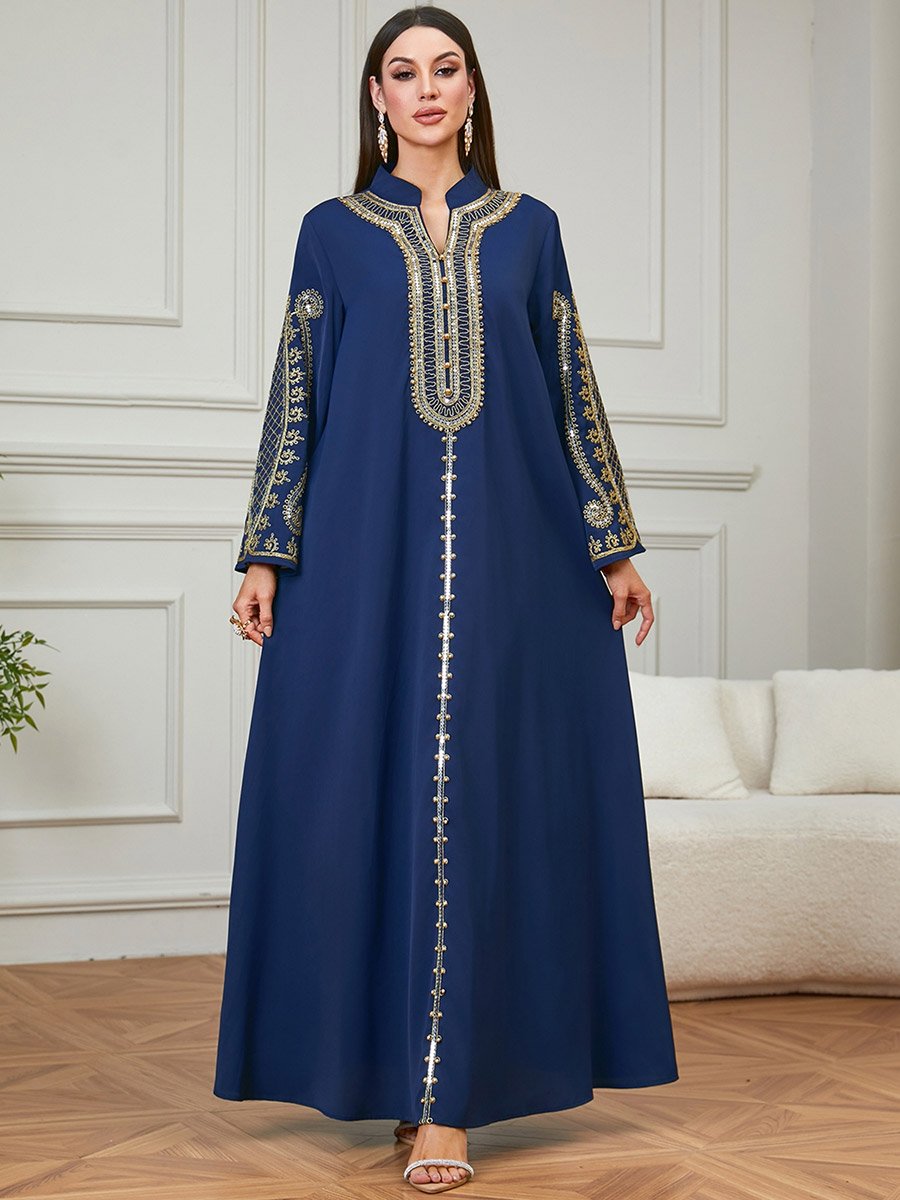 Navy Blue Embroidered Long Sleeves Jalabiya
