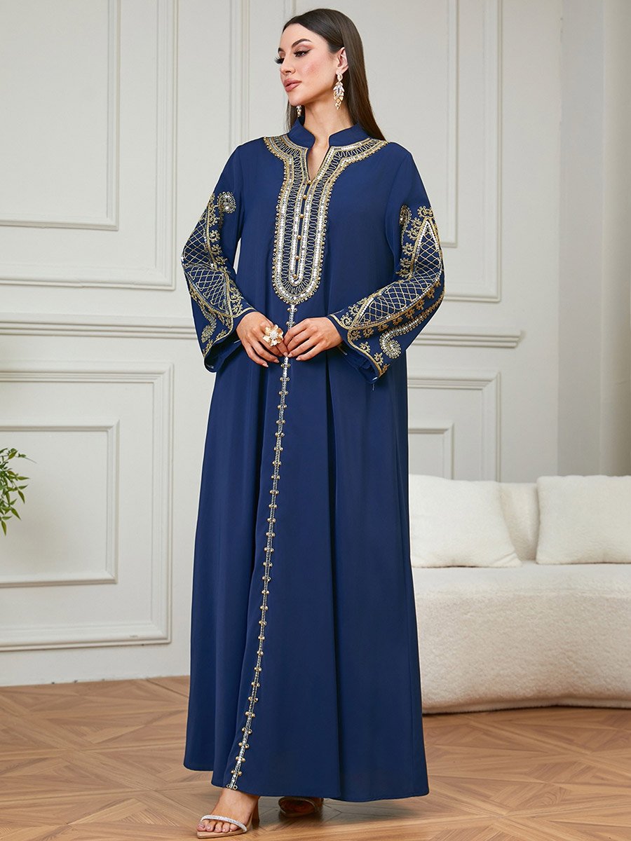 Navy Blue Embroidered Long Sleeves Jalabiya