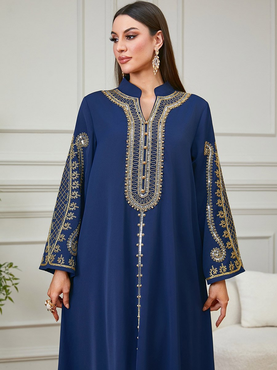 Navy Blue Embroidered Long Sleeves Jalabiya