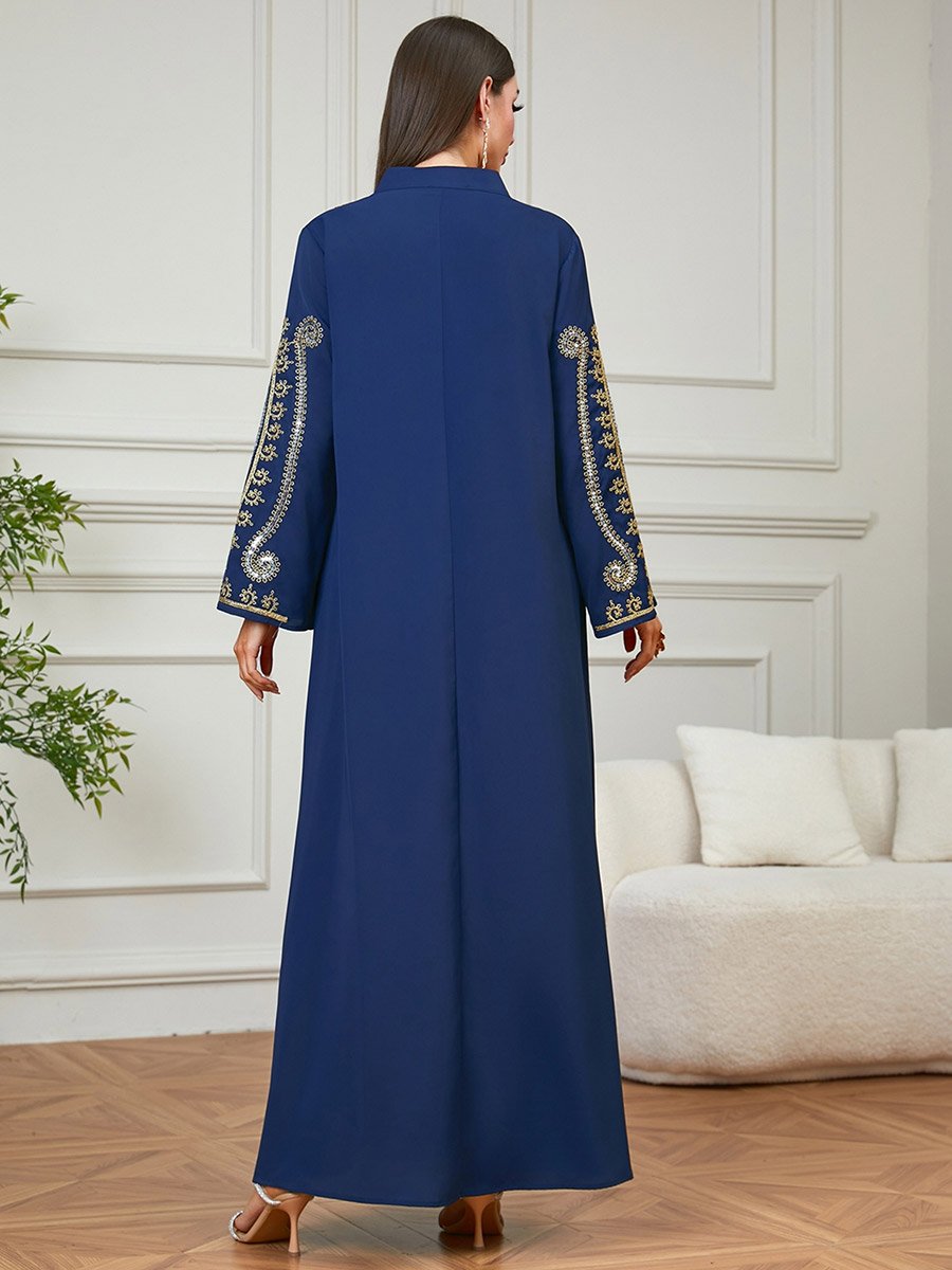 Navy Blue Embroidered Long Sleeves Jalabiya