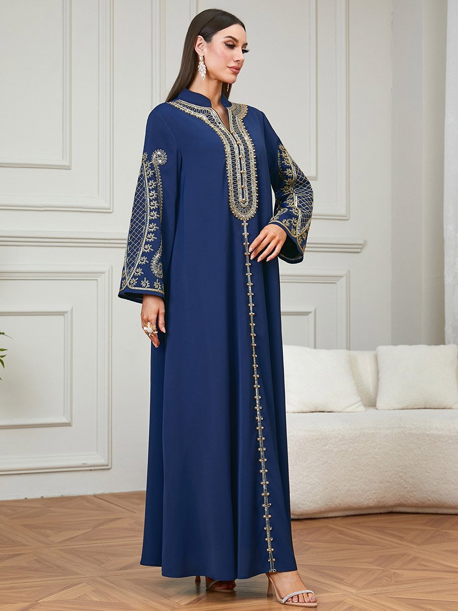 Navy Blue Embroidered Long Sleeves Jalabiya