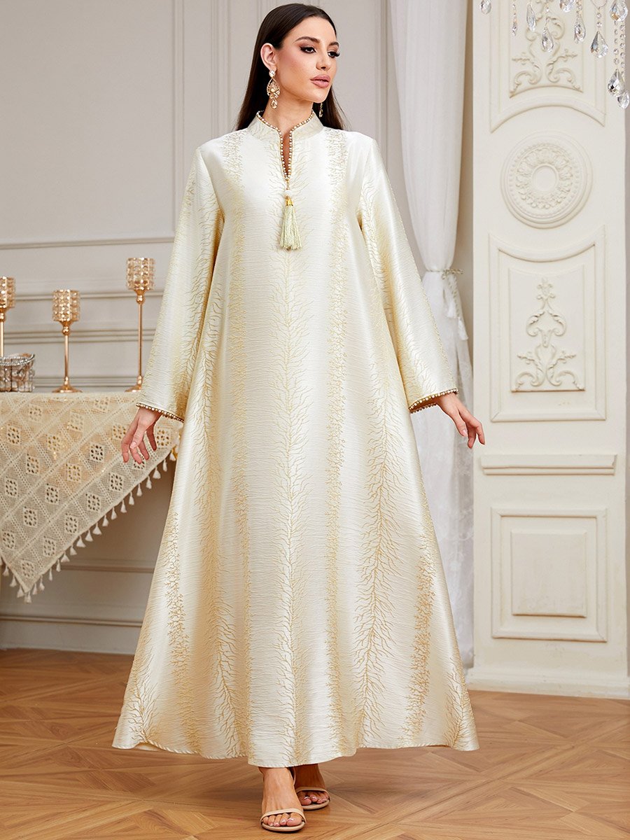 Beige Textured Tassel Detail A-Line Jalabiya