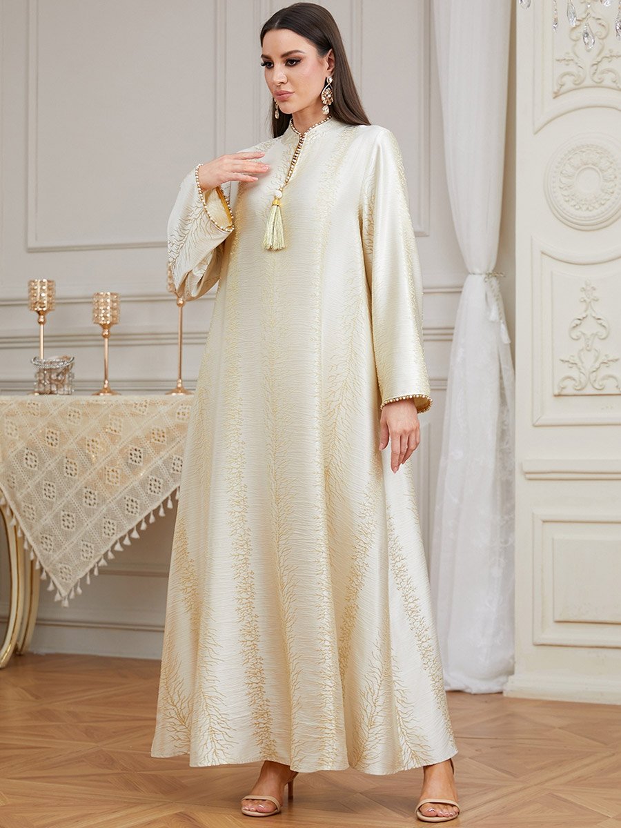 Beige Textured Tassel Detail A-Line Jalabiya