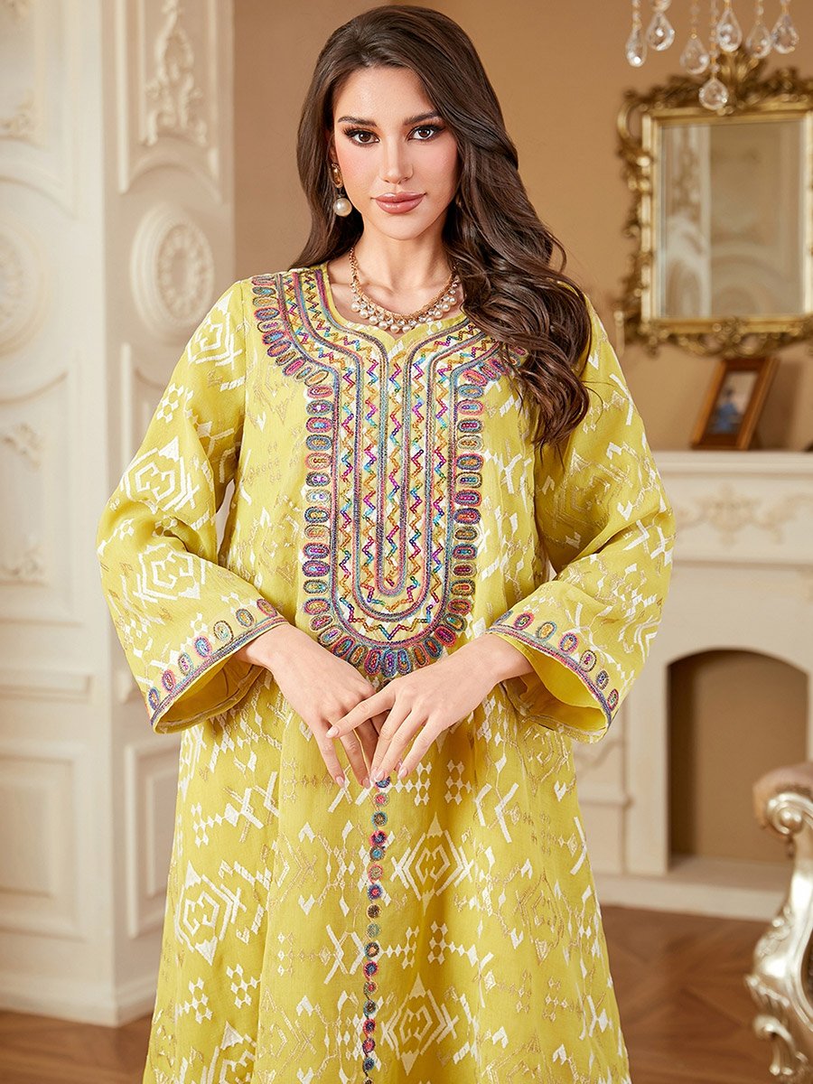 Yellow Embroidered A-Line Jalabiya