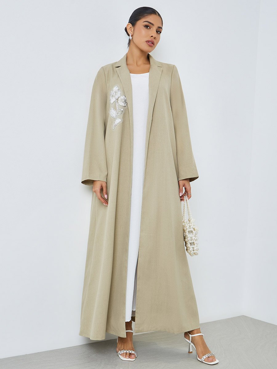 Beige Front Open Collared Abaya with Beaded Patch