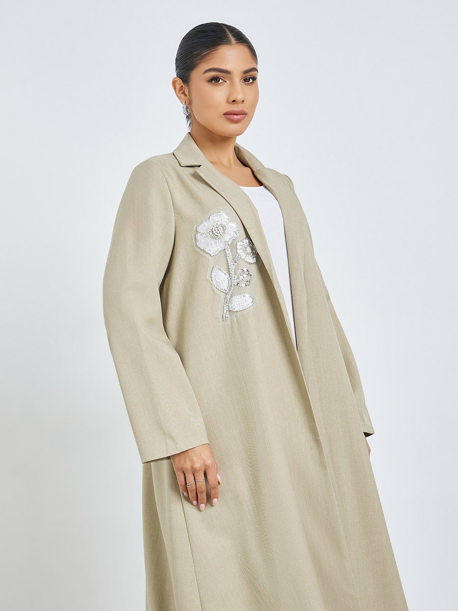 Beige Front Open Collared Abaya with Beaded Patch
