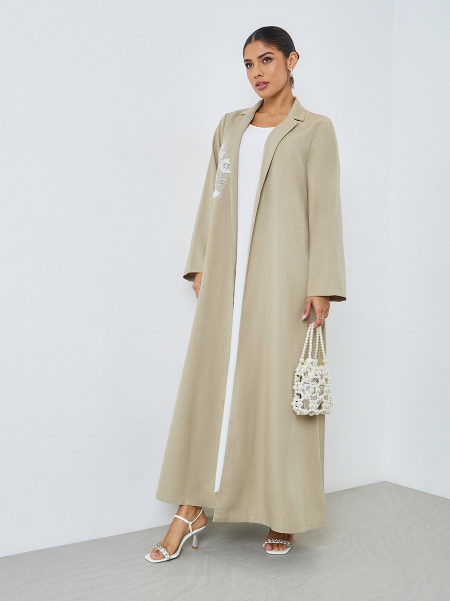 Beige Front Open Collared Abaya with Beaded Patch