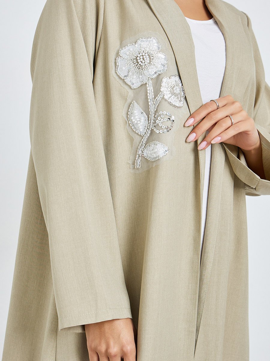 Beige Front Open Collared Abaya with Beaded Patch