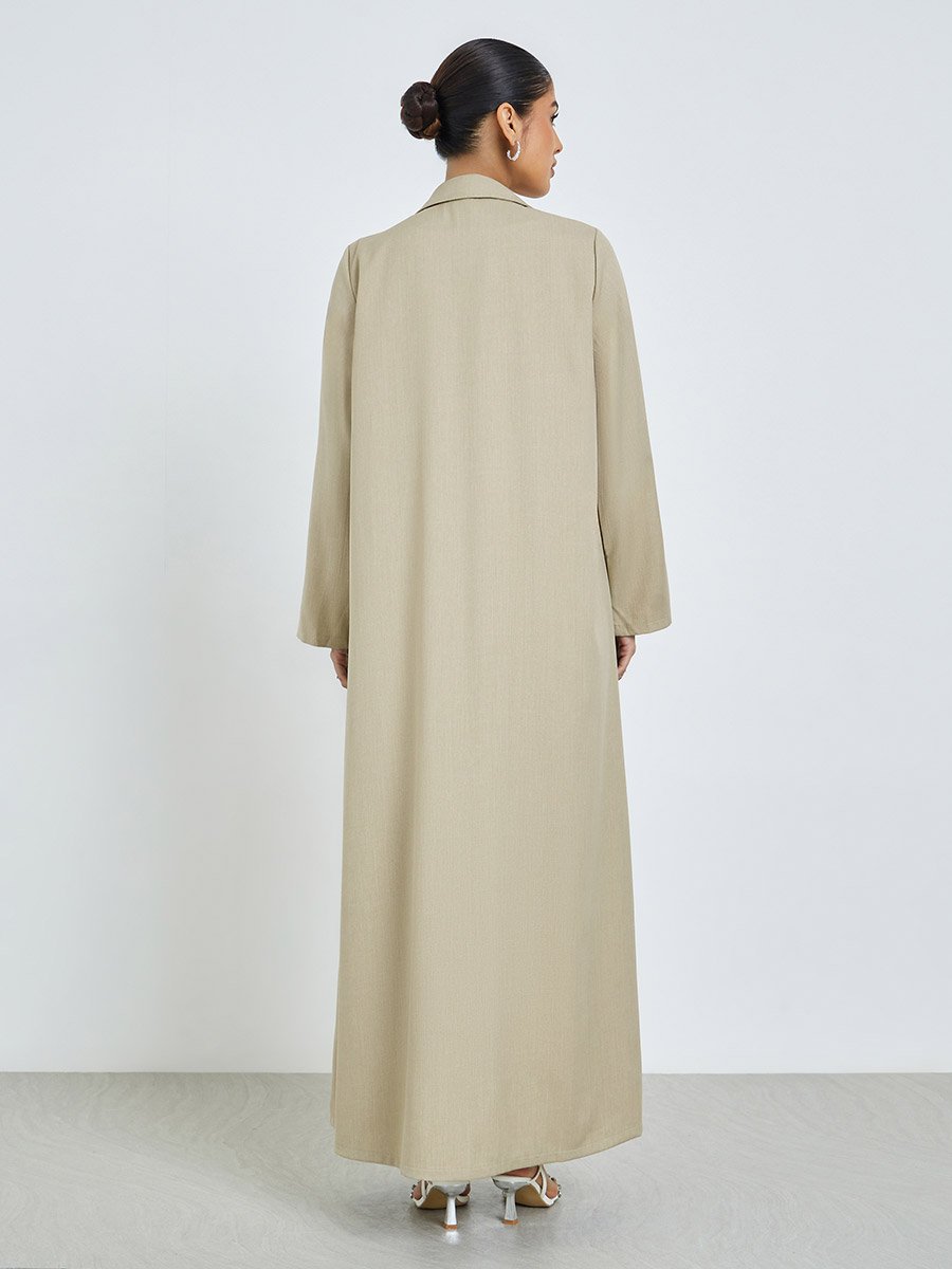 Beige Front Open Collared Abaya with Beaded Patch