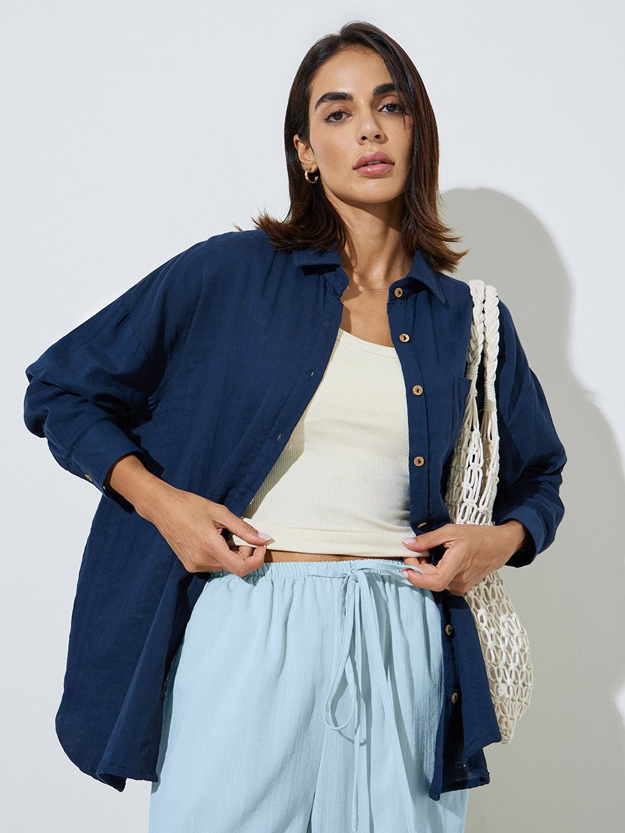 Navy Blue Cotton Oversized Longline Shirt