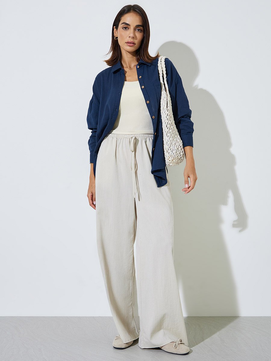 Navy Blue Cotton Oversized Longline Shirt