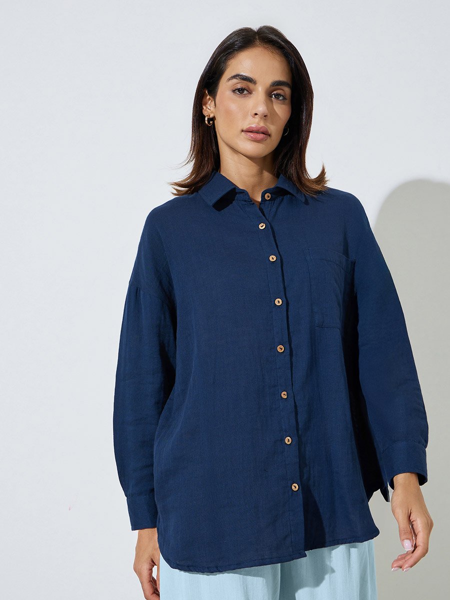 Navy Blue Cotton Oversized Longline Shirt