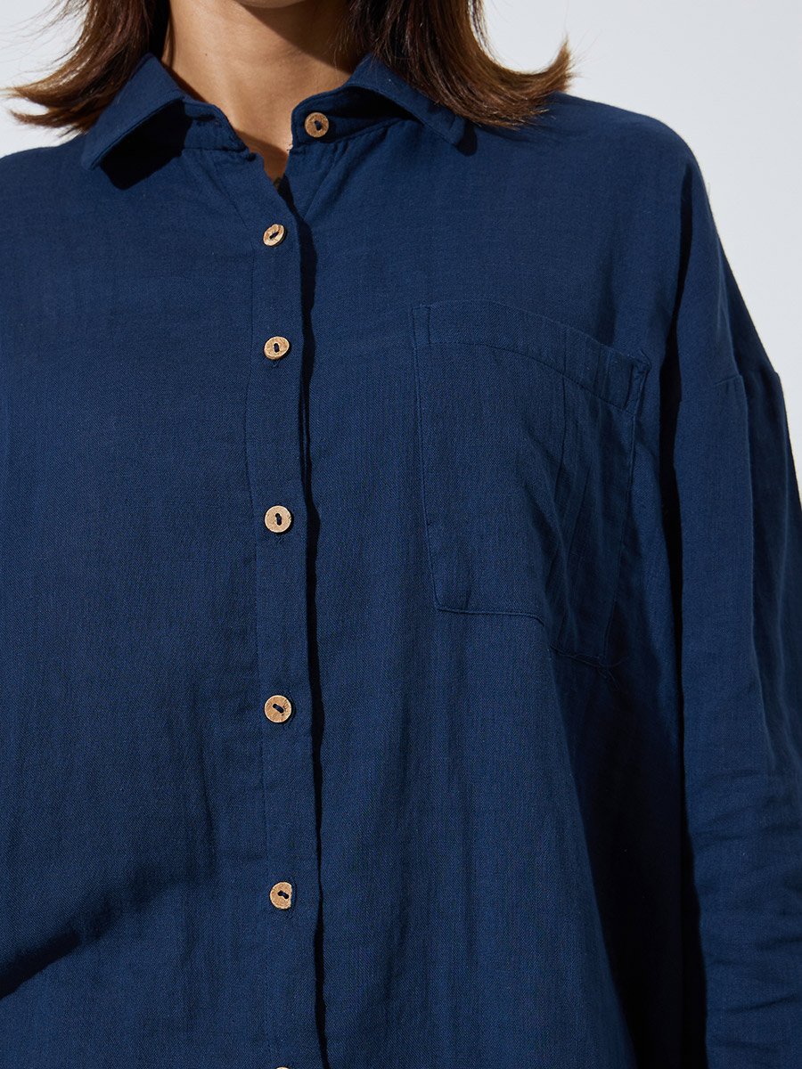 Navy Blue Cotton Oversized Longline Shirt
