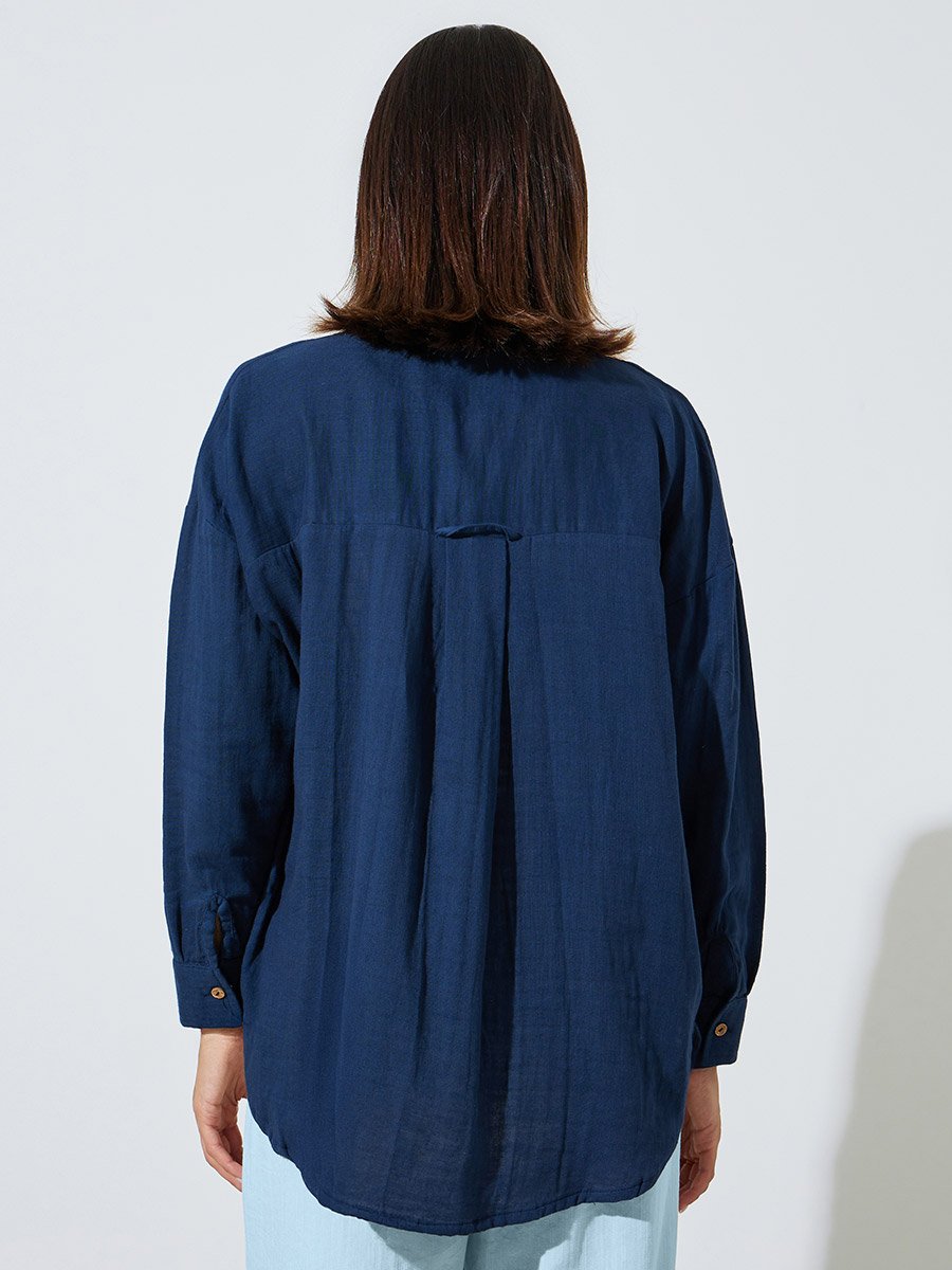 Navy Blue Cotton Oversized Longline Shirt