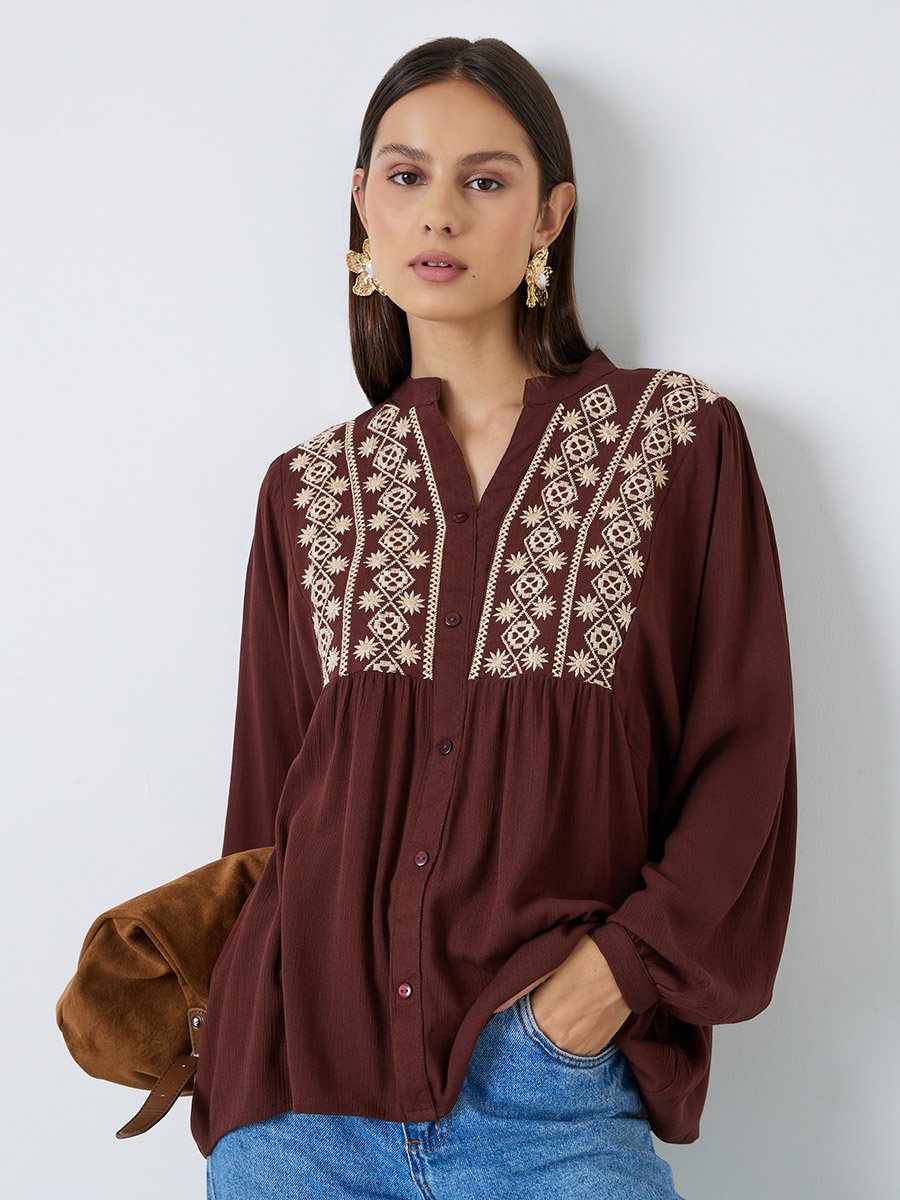 Brown Embroidered Long Sleeve Blouse