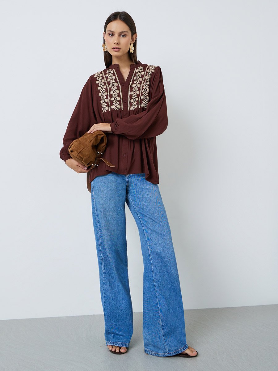 Brown Embroidered Long Sleeve Blouse