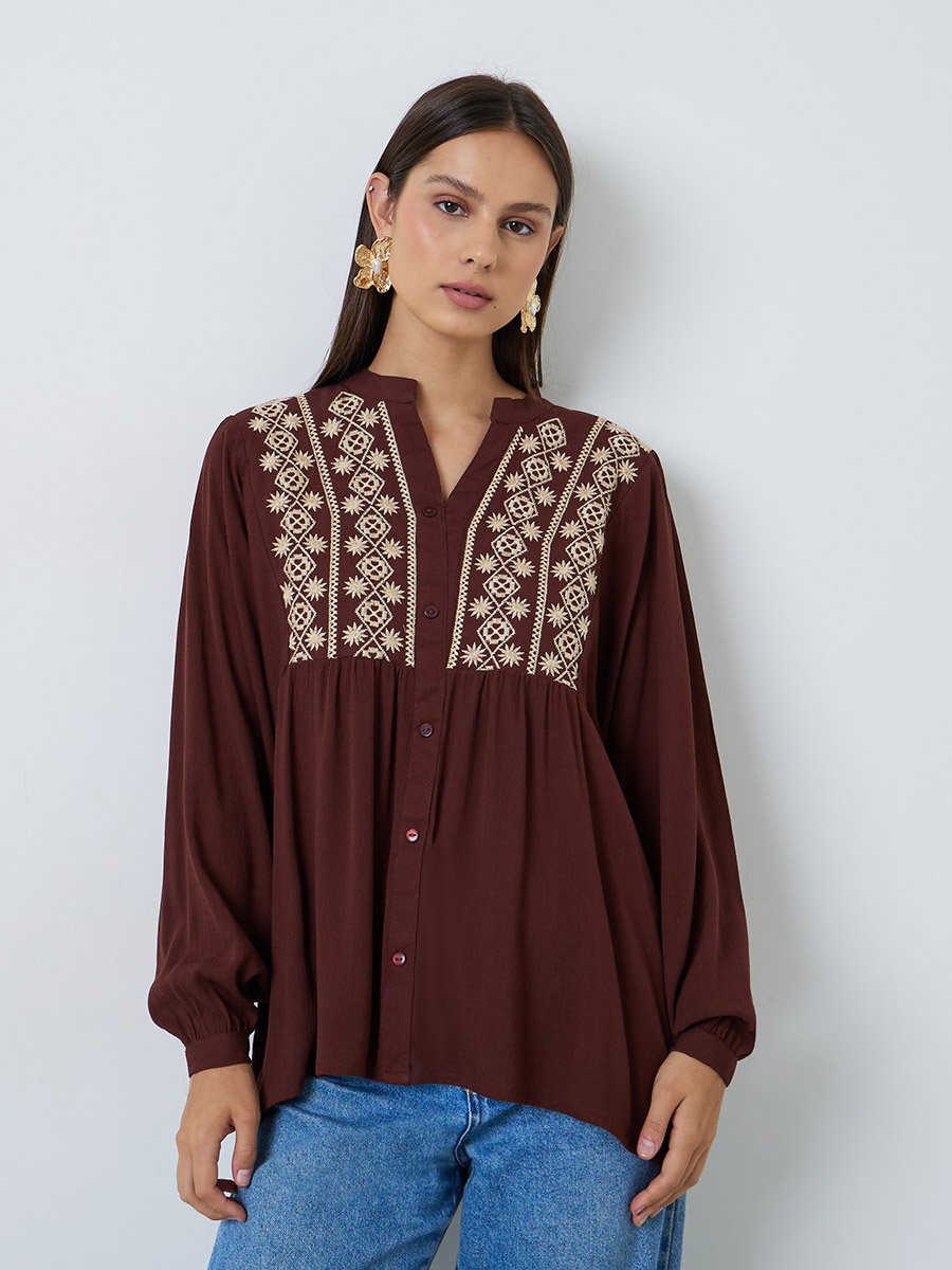 Brown Embroidered Long Sleeve Blouse