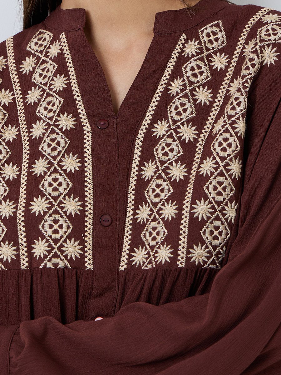 Brown Embroidered Long Sleeve Blouse