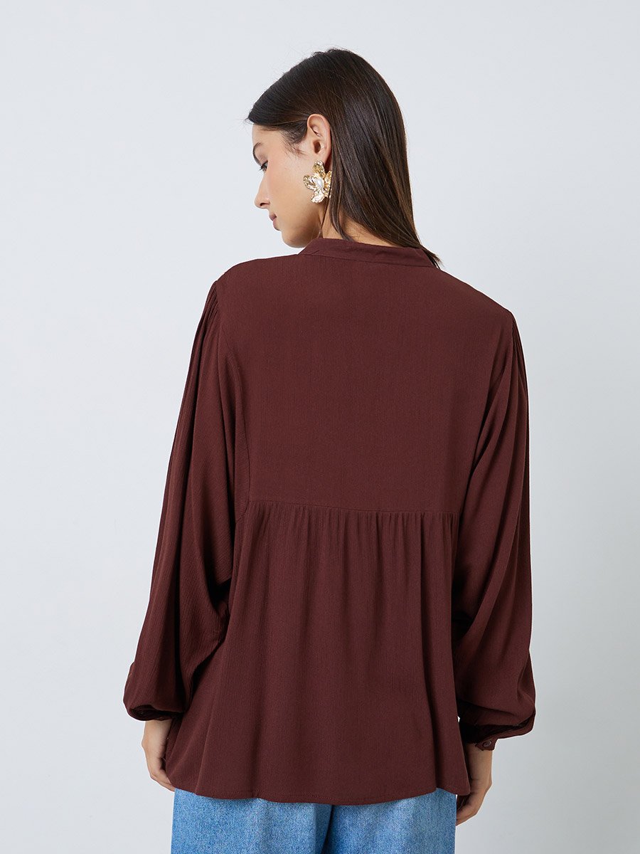 Brown Embroidered Long Sleeve Blouse